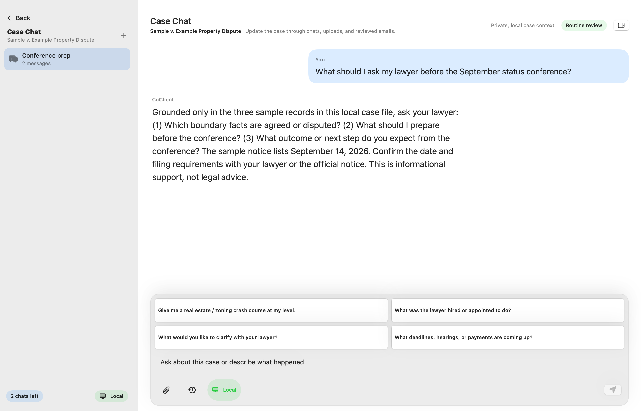 CoClient Case Chat for a fictional property dispute showing a private local question and an informational response grounded in sample case records